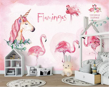 Beibehang personalizado papel de parede 3 d dos desenhos animados rosa flamingo unicórnio adesivo tv pano fundo da parede mural para 3 d behang 2024 - compre barato