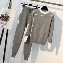 JSXDHK 2021 New Autumn Women Sweater Pants 2 piece set Gray Knitted Sporty Sweater + casual Track Trousers Suits M-4XL Plus size 2024 - buy cheap