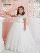 Vestido de tul de encaje con lazo para niña, hermoso vestido de fiesta de princesa pequeña, color blanco marfil, Vestido de primera comunión 2024 - compra barato
