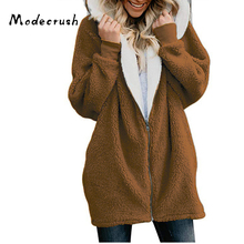 Modecrush Women Faux Fur Teddy Coat Pocket Hooded Fleece Fur Coat Lapel Sweatshirt 2018 Autumn Winter Plus Size Long Outerwear 2024 - buy cheap