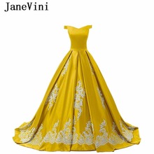 JaneVini Charming Gold Yellow Long Bridesmaid Dresses with Lace Applique Off the Shoulder Satin Prom Gowns Ball Gown Sweep Train 2024 - buy cheap