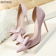 Shallow Concise Women Office Shoes Autumn Patent Leather High Heels Pumps Fashion Bowtie Pointed Sexy Cut-Outs Woman Party Shoes 2024 - buy cheap