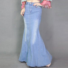 Spring Summer Womens Casual Denim Ruffle Irregular Floor Length Long Skirt , Female Woman Bleached Placket Trumpet Jeans Skirts 2024 - buy cheap