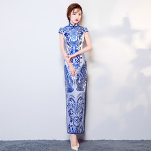 Blue and White Porcelain Chinese Traditional Dress Sexy Short Sleeve Long Cheongsam Dresses Vintage Oriental Style Qipao 90 2024 - buy cheap