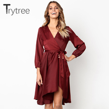Trytree Spring Summer Dress Women Casual A-line Dress Polyester Solid Lantern Full Sleeve V-Neck Knee-Length Dress Sashes Dress 2024 - buy cheap