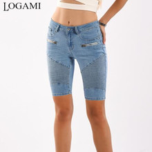 LOGAMI-pantalones vaqueros de Moto y motociclista para mujer, Jeans elásticos ajustados con cremallera, color azul claro para verano 2024 - compra barato