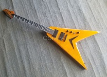 QShelly-guitarra eléctrica personalizada con diapasón de ébano, parte superior de arce flameado, Decan, forma de V, alambre activo, guitarra eléctrica con incrustación de tiburón 2024 - compra barato