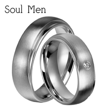 Soul Men-juego de anillos de boda de acero y titanio para hombre y mujer, diseño único de 6mm, con acabado de cúpula cepillada de piedra CZ, 1 par 2024 - compra barato