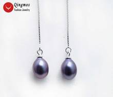 Qingmos Genuine Sterling Silver S925 Ear Line Dangle 4'' Earrings for Women & 7*9mm Black Drop Natural Pearl Earring Jewelry 670 2024 - buy cheap
