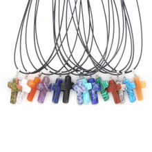 Vintage Natural Stone Necklace Crystal Cross Pendant Necklaces Quartz Choker Leather Rope Chain for Femme Men Collier Bijoux New 2024 - buy cheap
