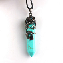 Trendy-beads Attractive Design Copper Leaf Flower Hexagon Prism Pendant Green Turquoises Stone Jewelry 2024 - buy cheap