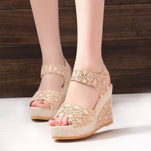 Women Sandals New Summer Fashion Lace Hollow Gladiator Wedges Shoes Woman Slides Peep Toe Hook & Loop Solid Lady Casual A00186 2024 - buy cheap