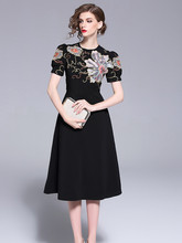 2020 Summer Elegant Vintage Floral Embroidery Dress Fit and Fare A-line Chiffon Dress Women Short Puff Sleeve Medium-Long Dress 2024 - buy cheap