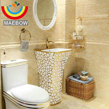 Mosaico em ouro com pedestal retangular pia cerâmica banheiro pia com suporte pedestal lavatório com transbordamento 2024 - compre barato