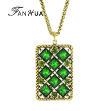 FANHUA Luxury Style Antique Gold-Color Chain with Rhinestone Big Green Stone Geometric Square Pendant Necklace Costume Jewelry 2024 - buy cheap