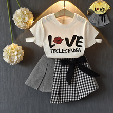 Summer Girls Clothing Sets Short Sleeve Letter T-Shirt Tops + Plaid Print Skirts Princess Children's Two Pieces Suits 2024 - buy cheap