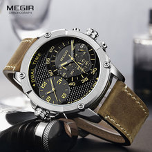 Megir relógio de quartzo cronógrafo esportivo, masculino pulseira de couro fashion fuso horário duplo exército à prova d' água wtacore para homens 2093gbn 2024 - compre barato