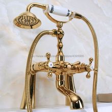 Polished Golden Brass Deck Mount Bathtub Faucet Set Dual Handle with Hand Shower Swivel Tub Spout Bna150 2024 - buy cheap