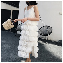 2019 Women Summer Sleeveless Solid White Midi Chiffon Dress Spaghetti Strap Layered Patches Stitched Party Sexy Club Dress 2024 - buy cheap