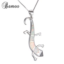 Bamos Cute lizard Pendant Necklace White/Blue/Orange Fire Opals Filled Jewelry Silver Color Necklace For Women Best Gifts 2024 - buy cheap