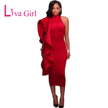 LIVA GIRL Red Ruffles Cold Shoulder Sexy Midi Dress Women Autumn Slim Halter Elegant Bodycon Party Dresses Peplum Black Vestidos 2024 - buy cheap