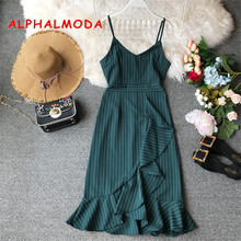 ALPHALMODA Striped Summer Spaghetti Strap Dress Slim Fit Asymmetric Ruffled A-line Women Summer Vestidos 2024 - buy cheap