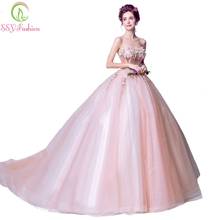 SSYFashion New Sweet Pink Lace Evening Dress Bride Strapless Sweep Train Appliques with Beading Long Prom Formal Party Gown 2024 - buy cheap