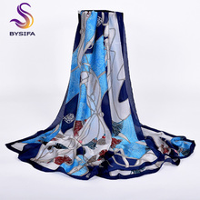 BYSIFA-bufanda de seda azul marino para mujer, chal largo de marca 100% de imitación de seda, Fular de 2019x90cm para primavera y otoño, invierno, 180 2024 - compra barato