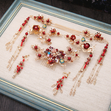 vintage red simple atmosphere Chinese style hair sticks Phoenix crown sets wine headwear wedding hair jewelry accesorios mujer 2024 - buy cheap