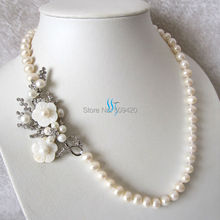 Free Shipping >>>>20.5" 8-9mm White Freshwater Pearl Necklace White Flower Pendant 2024 - buy cheap