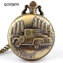 Retro Bronze Car Truck Pocket Watch Antique steel pocket fob watches long chain Necklace Gift relogio de bolso 2024 - buy cheap