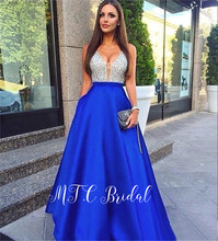 Hot Selling Glitter Royal Blue Evening Dress 2019 Chic Sliver Beads Satin A Line Long Prom Gowns Vestido De Festa Custom Made 2024 - buy cheap