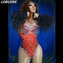Tassels Sleeve Crystals Pearls Bodysuit Sexy DJ Singer Nightclub Costume Bar Club Female Dancer Stage Wear Red Leotard Catsuits 2024 - buy cheap