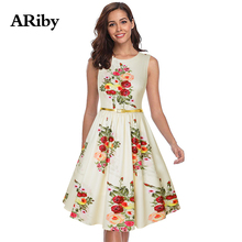 Women Dress Elegant Party Dress 2019 Summer New Fashion Vintage Printed O-Neck Sleeveless Empire Knee-Length Ball Gown Dresses 2024 - buy cheap