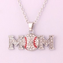 New Arrival Hot Selling zinc studded with sparkling crystal MOM BASEBALL red enamel charm link chain necklace 2024 - buy cheap