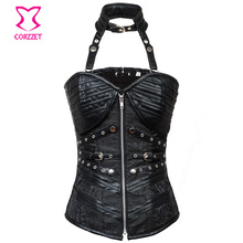 Vitage Brocade & Leather Bustier Halter Collar Gothic Top Zipper Steel Boned Corset Steampunk Clothing Corsets and Bustiers Sexy 2024 - buy cheap