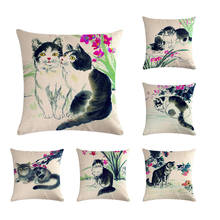 Cats Cushion Cover Chinese Ink painting Printed Animal Funda Cojin Cotton Linen Pillow Case Chair Home Throw Pillows Case ZY375 2024 - buy cheap