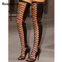 High Quality Women Fashion Design Over Knee Black Leather Strappy Gladiator Boots Cut-out High Heel Tassels Boots Slim Boots 2024 - buy cheap