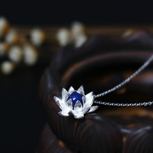 S925 Pure Silver Pendant Necklace Female Lapis Lazuli Lotus Pendant Clavicle Chain Necklace for Women Original Accessories 2024 - buy cheap