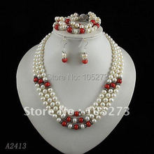 Stunning!jewelry set AA7-8mm white color Genuine freshwater pearl & coral necklace bracelet earring Hot sale free shipping A2413 2024 - buy cheap