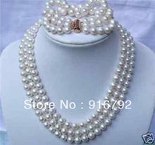Wholesale free shipping >>>>>Beautiful!3 ROWs 7-8mm WHITE AKOYA PEARL NECKLACE & BRACELETS 2024 - buy cheap