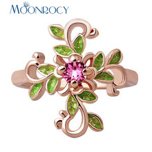 MOONROCY Cubic Zirconia Green PinkCrystal Rings for Women Jewelry Colourful Rose Gold Color Ring Leaf for Women Drop Shipping 2024 - buy cheap