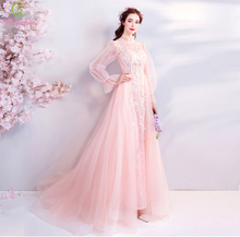 SSYFashion New Sweet Pink Lace Evening Dress Lurury Appliques Beading Long Sleeves Floor-length Formal Prom Gown Robe De Soiree 2024 - buy cheap