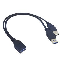 Удлинительный кабель Black USB 3,0 Female to Dual USB Male, дополнительный кабель для передачи данных, для 2,5 "мобильного жесткого диска 30 см 1 фута 2024 - купить недорого