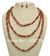 New Arriver Brown Color 7.5-8mm Rice Natural Freshwater Pearl Necklace Earrings 48'' Fashion Jewelry Set Wholesale Free Shipping 2024 - buy cheap