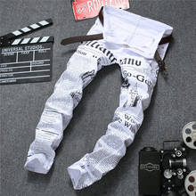 men jeans 2019 autumn Denim Pants Classic Newspaper letter printed casual slim trousers Cowboys Young Man fashion white jeans 2024 - buy cheap