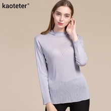 100% Pure Silk Women Full Sleeve T-Shirts New Spring Bottoming Tee Shirt Solid Basic Female Casual  Mesh Tops 2024 - buy cheap