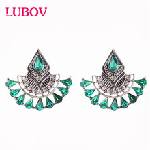 LUBOV Retro Green Waterdrop Stud Earrings Gold Color Elegant Semicircle Crystal Women Earrings Christmas Gift Jewelry 2019 2024 - buy cheap