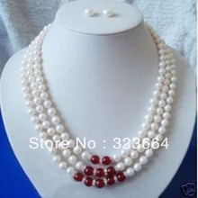 Hot Sell! 3row 7-8mm Freshwater pearl Red necklace earring set 2024 - buy cheap