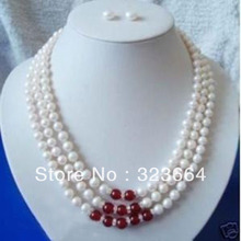 Hot Vender! 3row 7-8mm pérola de Água Doce conjunto colar brinco Vermelho 2024 - compre barato